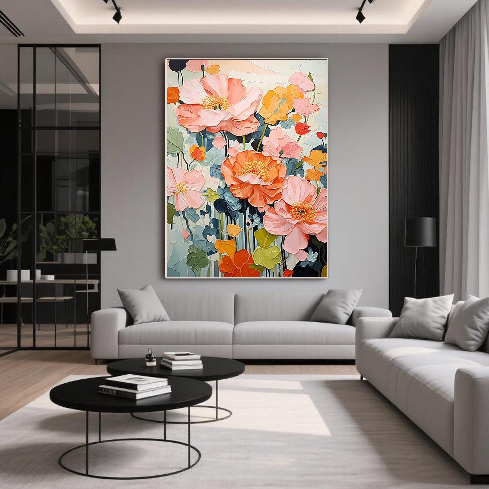 Colorful floral wall art close up.