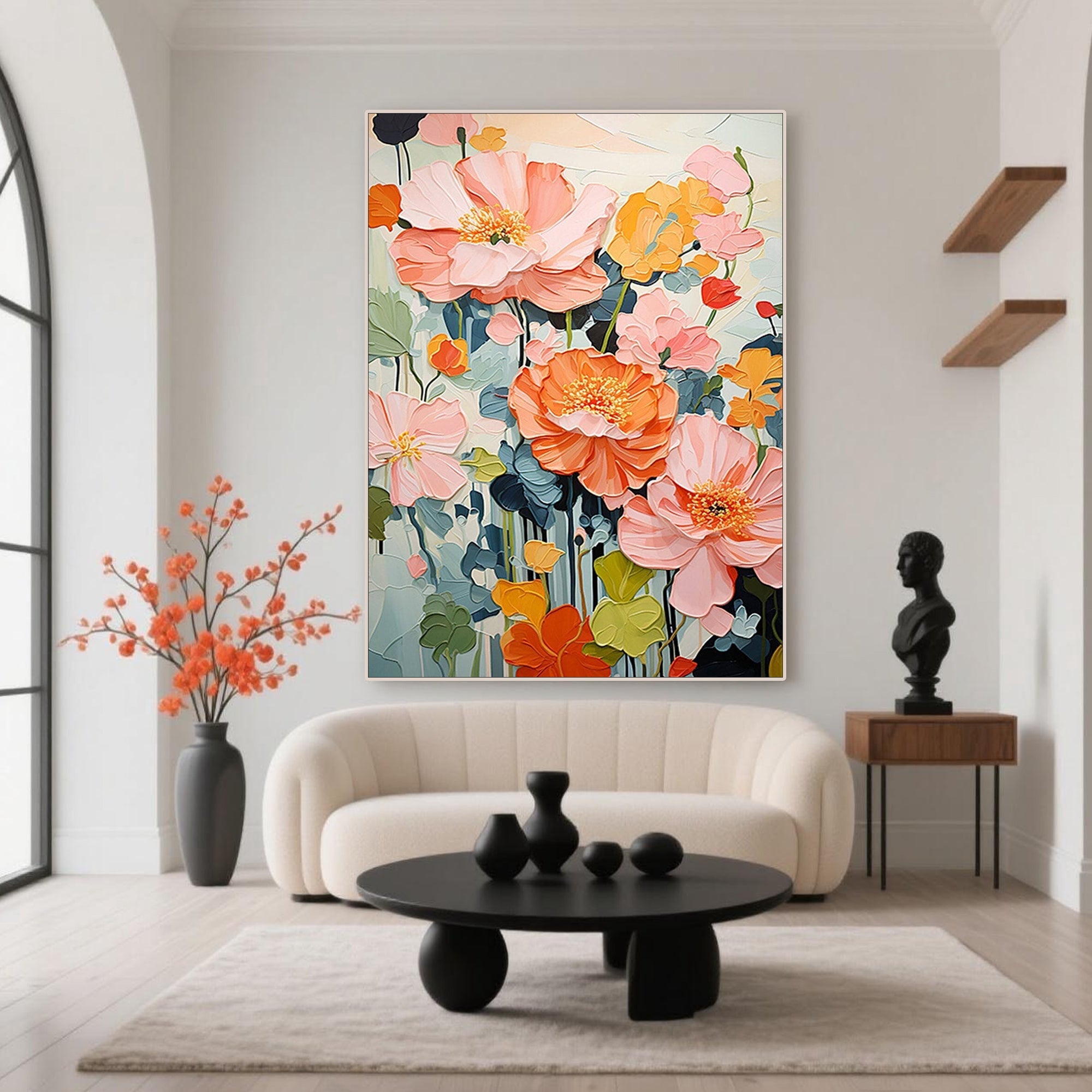 Living room featuring colorful floral wall art above a modern sofa.