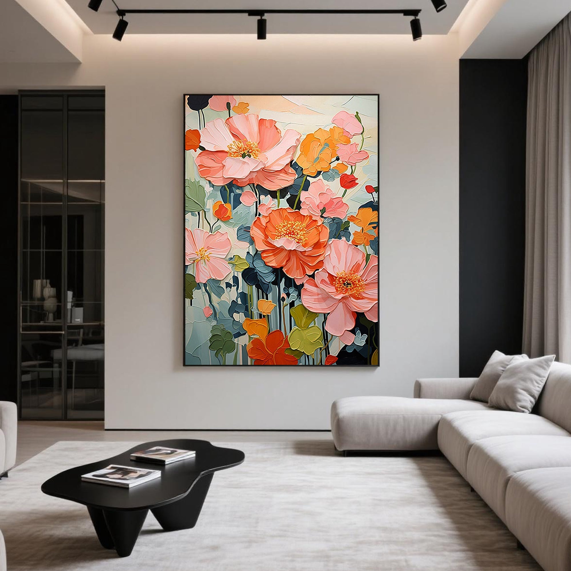 Colorful floral wall art close up.