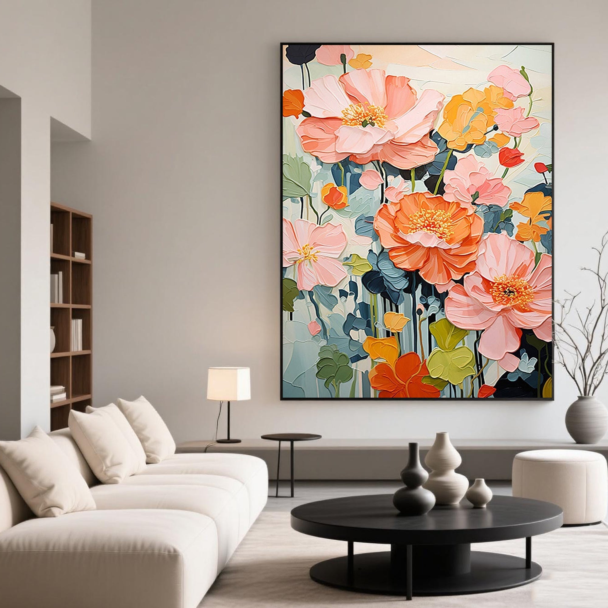 Colorful floral wall art close up.