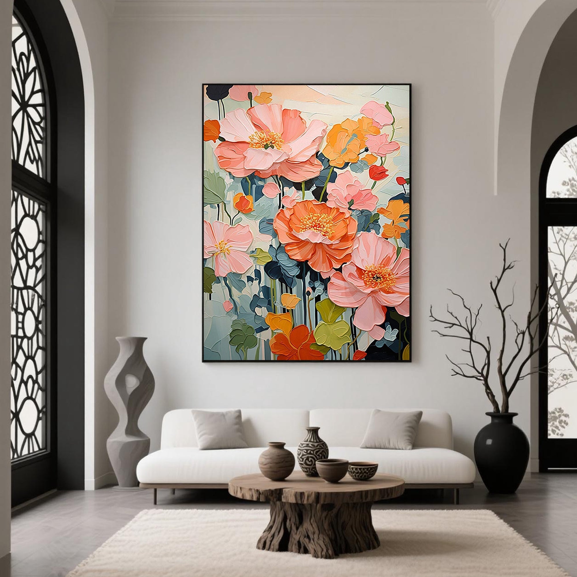 Floral canvas art in a modern living room setting.