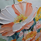 Close-up of textured, hand-painted floral details on canvas art.