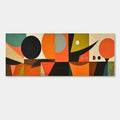 Colorful retro geometric wall art, abstract circles and angles on canvas.