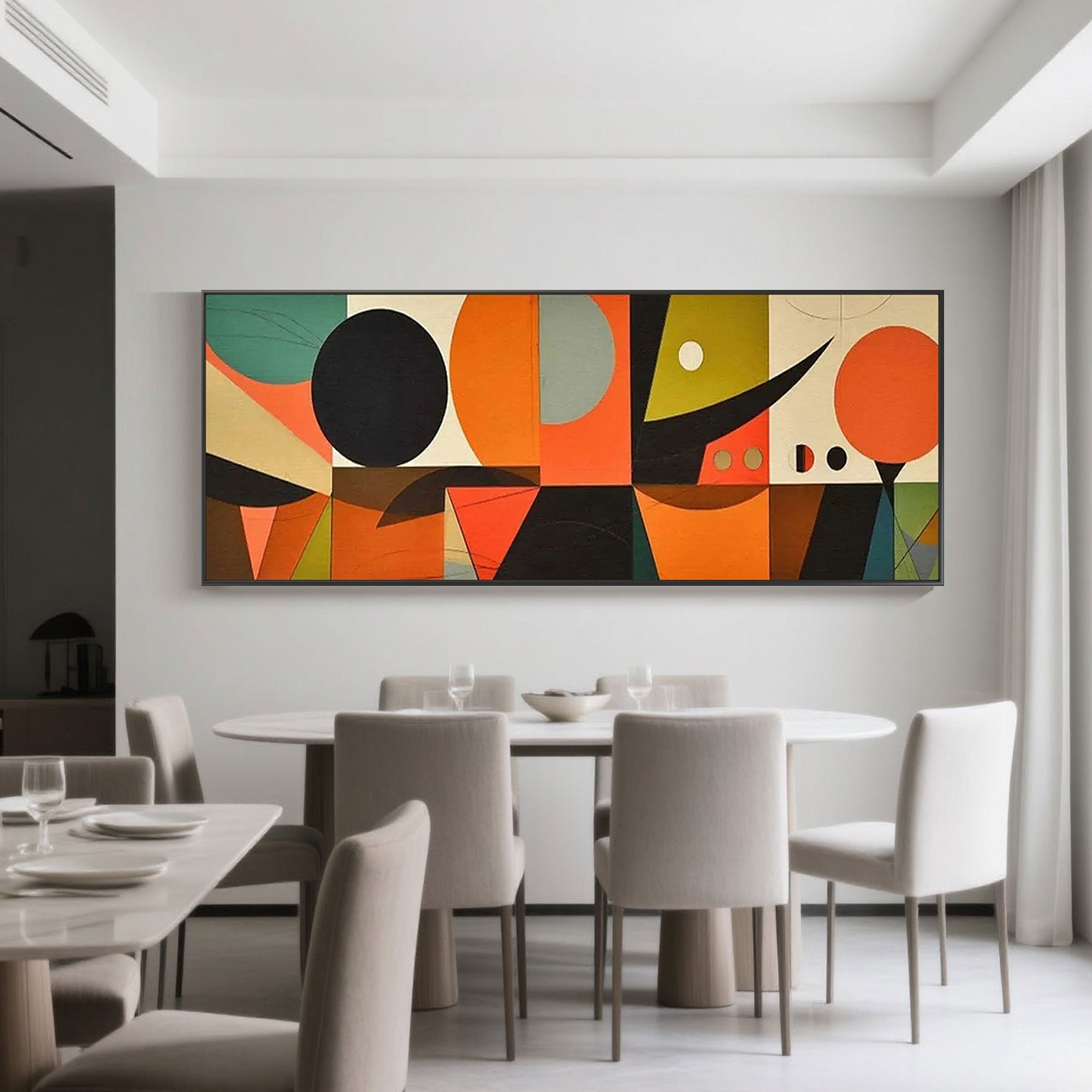 Geometric abstract art above a dining table, modern home decor.