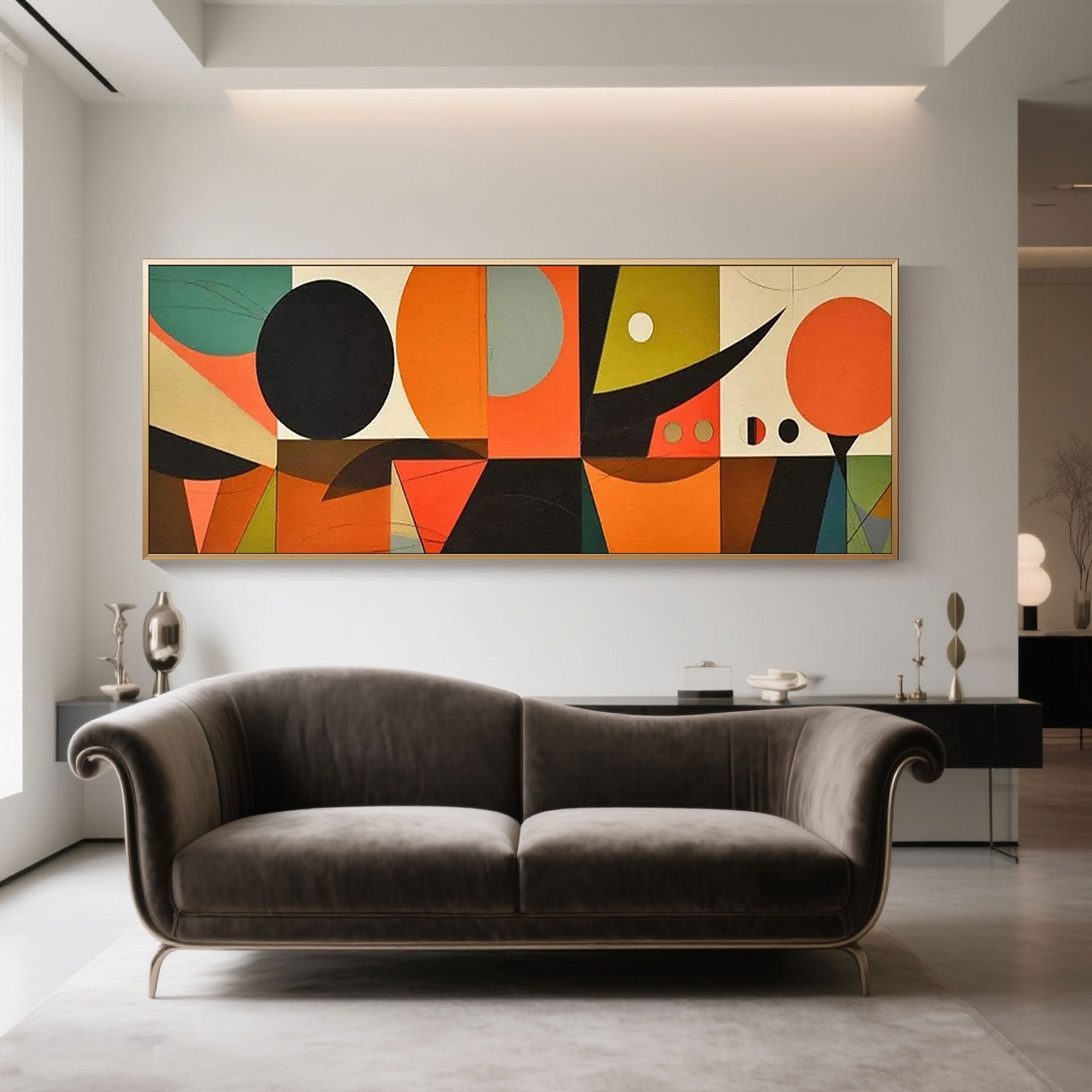 Colorful retro geometric wall art, abstract circles and angles on canvas.