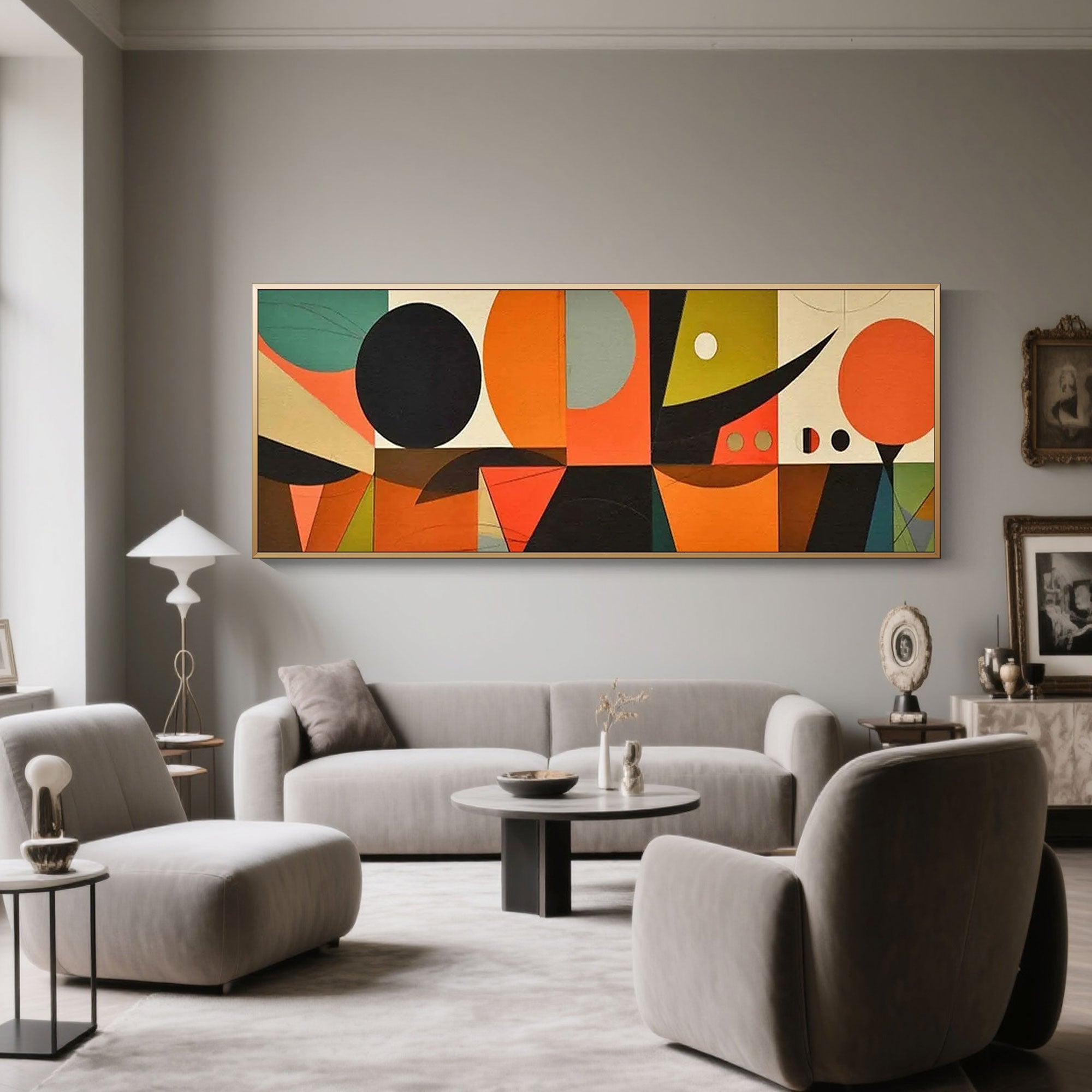 Colorful geometric wall art stretched and framed options.