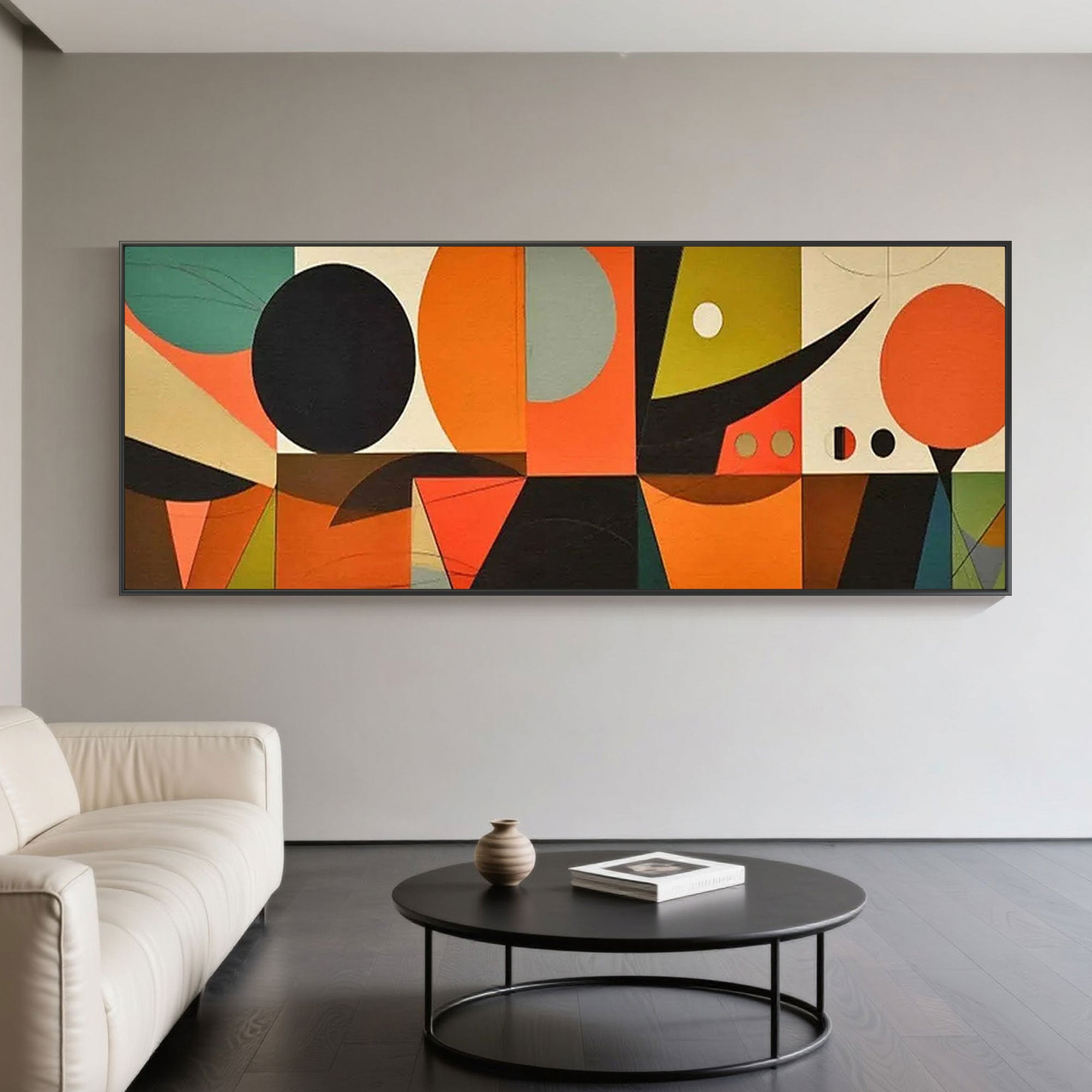 Retro geometric canvas art in a modern living room setting.