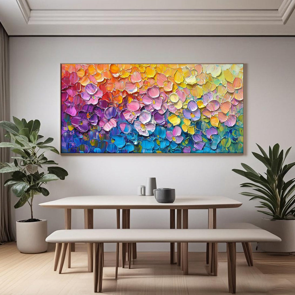 Modern abstract artwork featuring colorful blossoms in thick acrylic layers