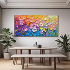 Modern abstract artwork featuring colorful blossoms in thick acrylic layers