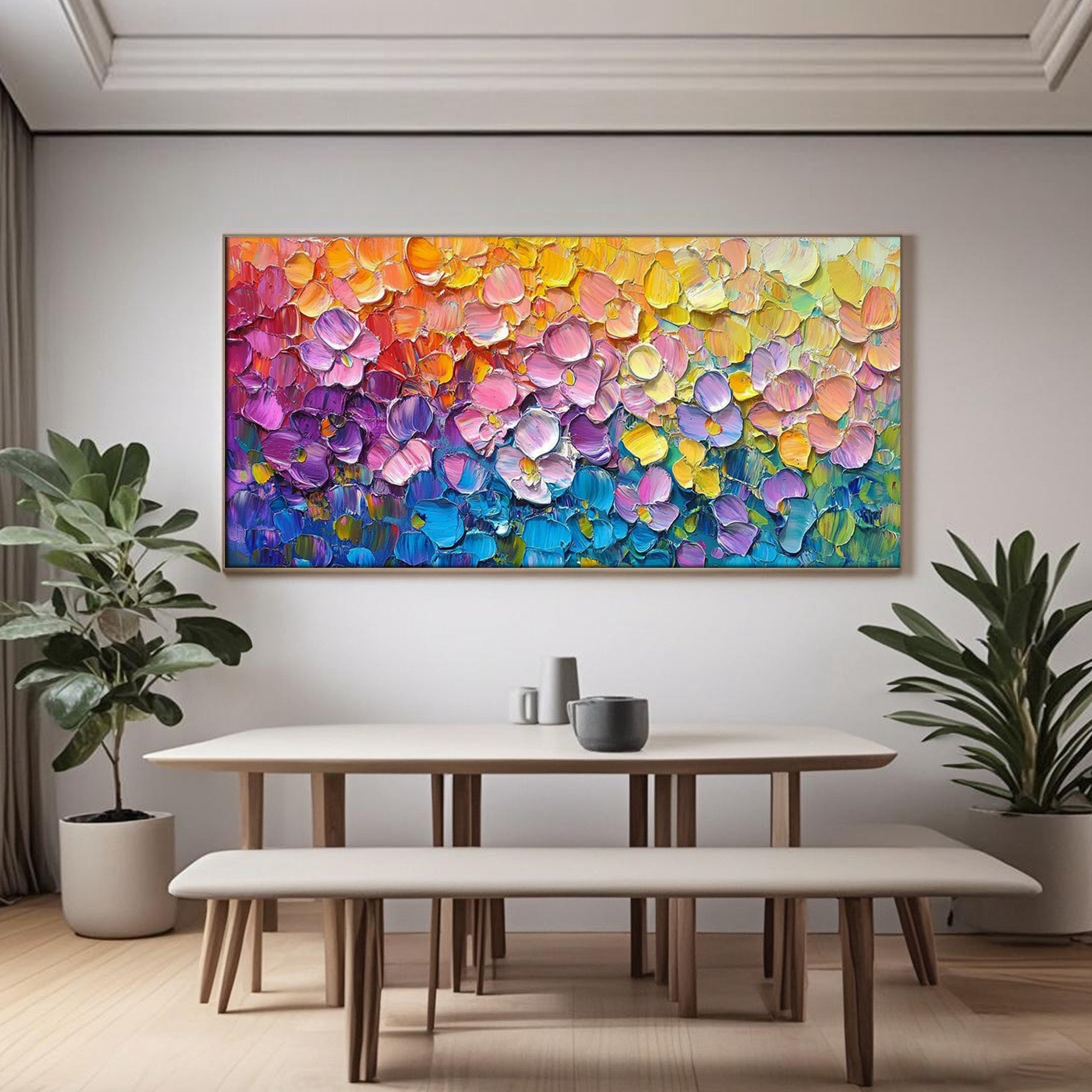 Modern abstract artwork featuring colorful blossoms in thick acrylic layers