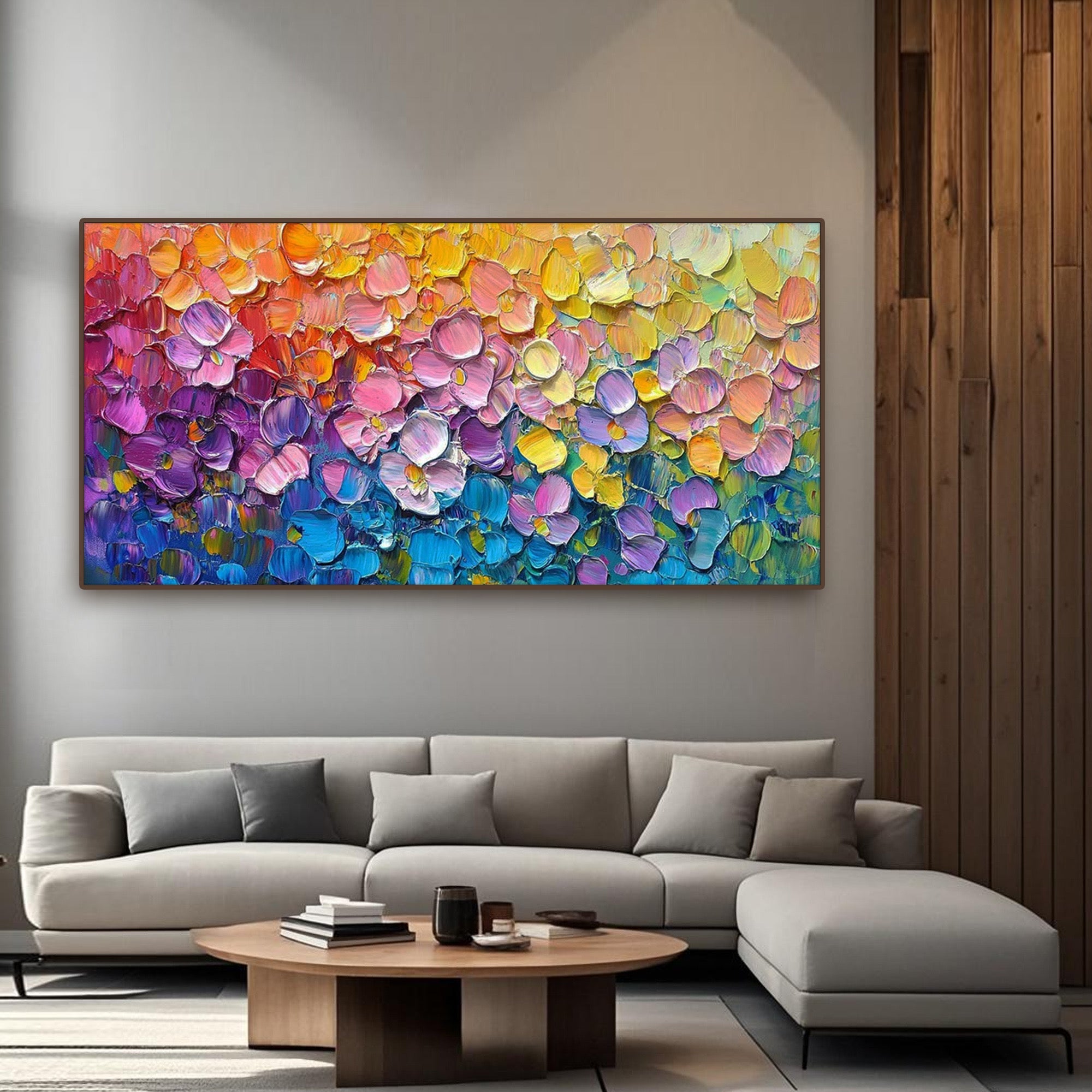 Horizontal canvas wall art with rainbow-colored impasto flowers