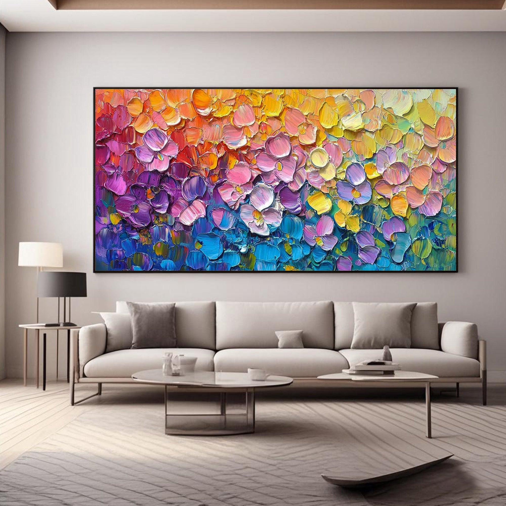 Colorful abstract flower painting with thick textured petals in rainbow hues