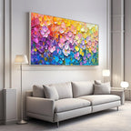 Hand-painted impasto floral canvas art with vibrant blue, pink, and yellow tones