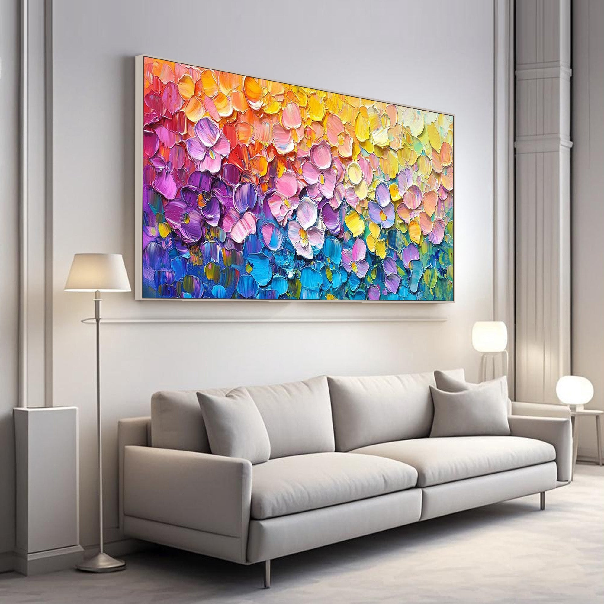 Hand-painted impasto floral canvas art with vibrant blue, pink, and yellow tones