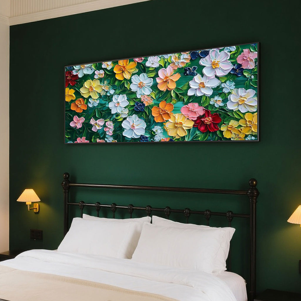 Bloomage floral art displayed above a sofa, enhancing a cozy living room atmosphere.