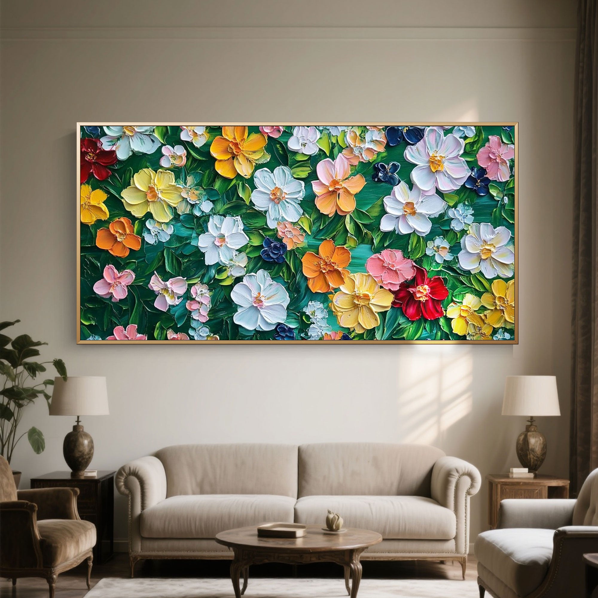 Bloomage colorful textured floral art displayed in a living room setting above a beige sofa.