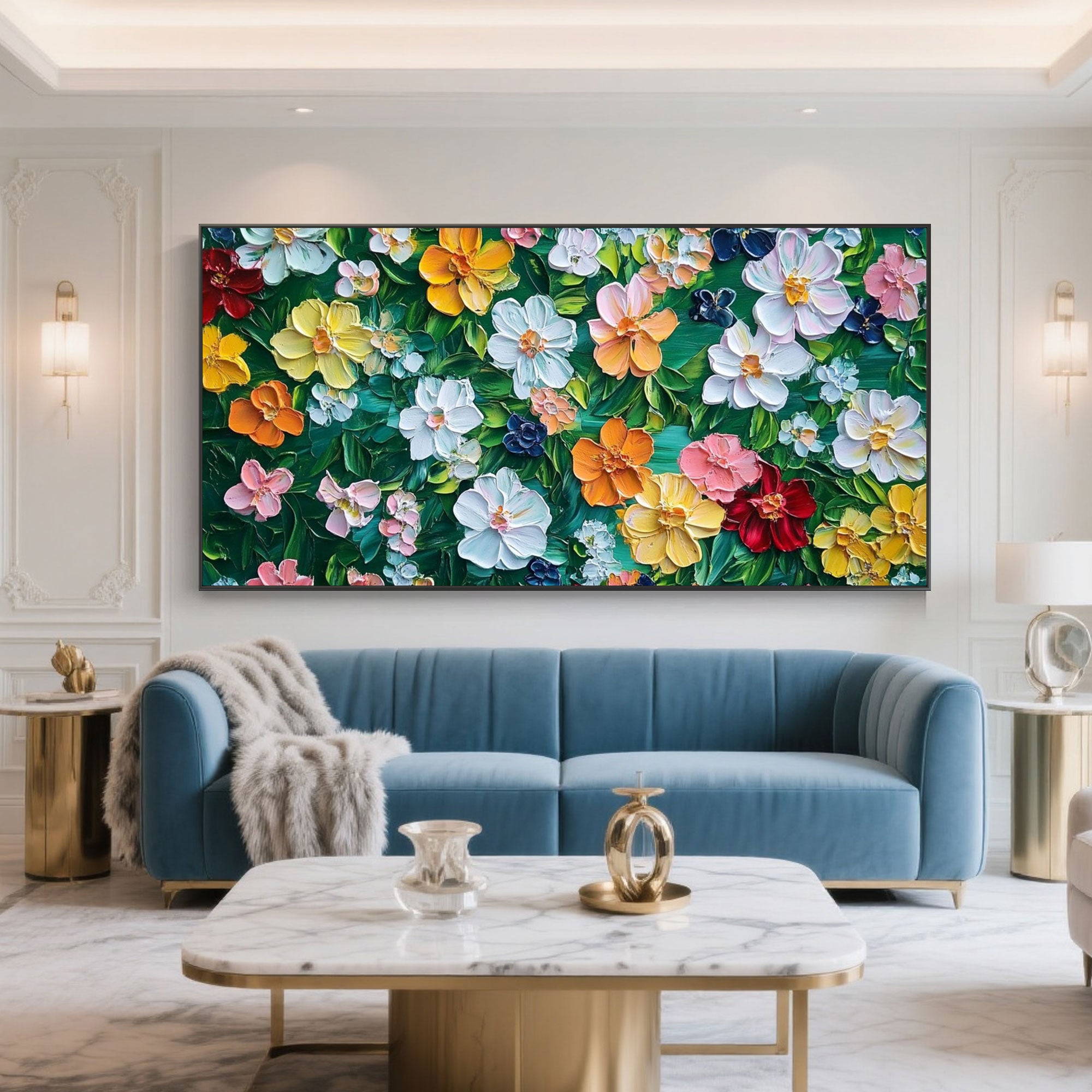 A horizontal canvas of Bloomage floral art with vivid 3D texture, perfect for adding depth to any room.