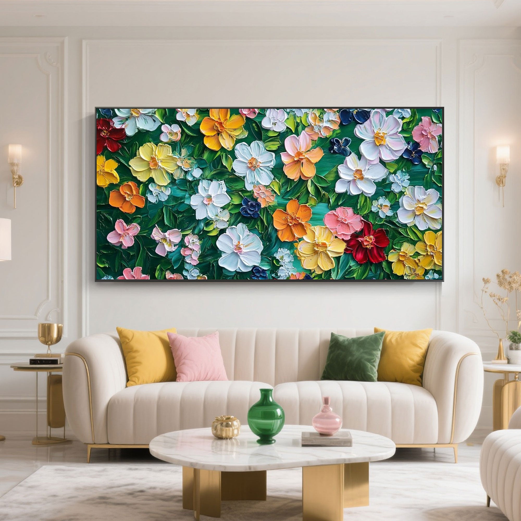A detailed close-up showcasing the impasto texture of Bloomage colorful 3D floral wall art.