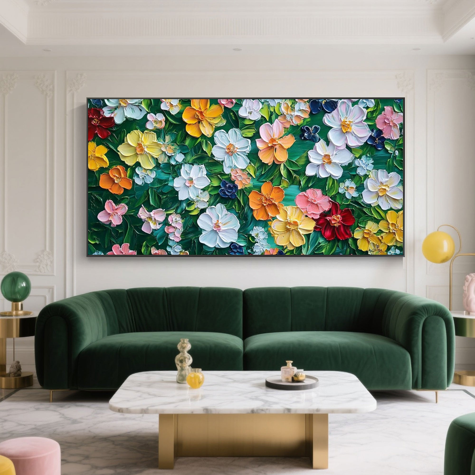 Bloomage floral painting displayed above a stylish green velvet sofa in a modern living room.