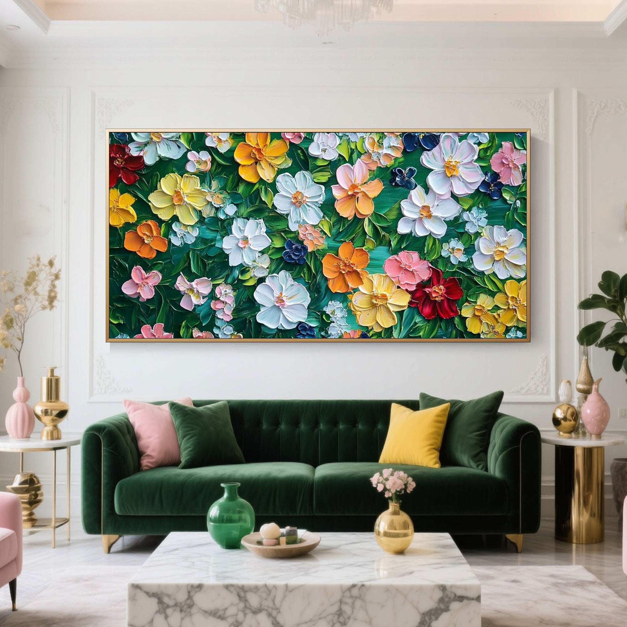 A modern living room showcasing Bloomage colorful 3D floral wall art and a luxurious green sofa.