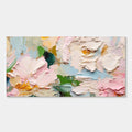 Close-up of Blossom Tide floral wall art, showcasing thick textured brushstrokes and soft pastel colors.