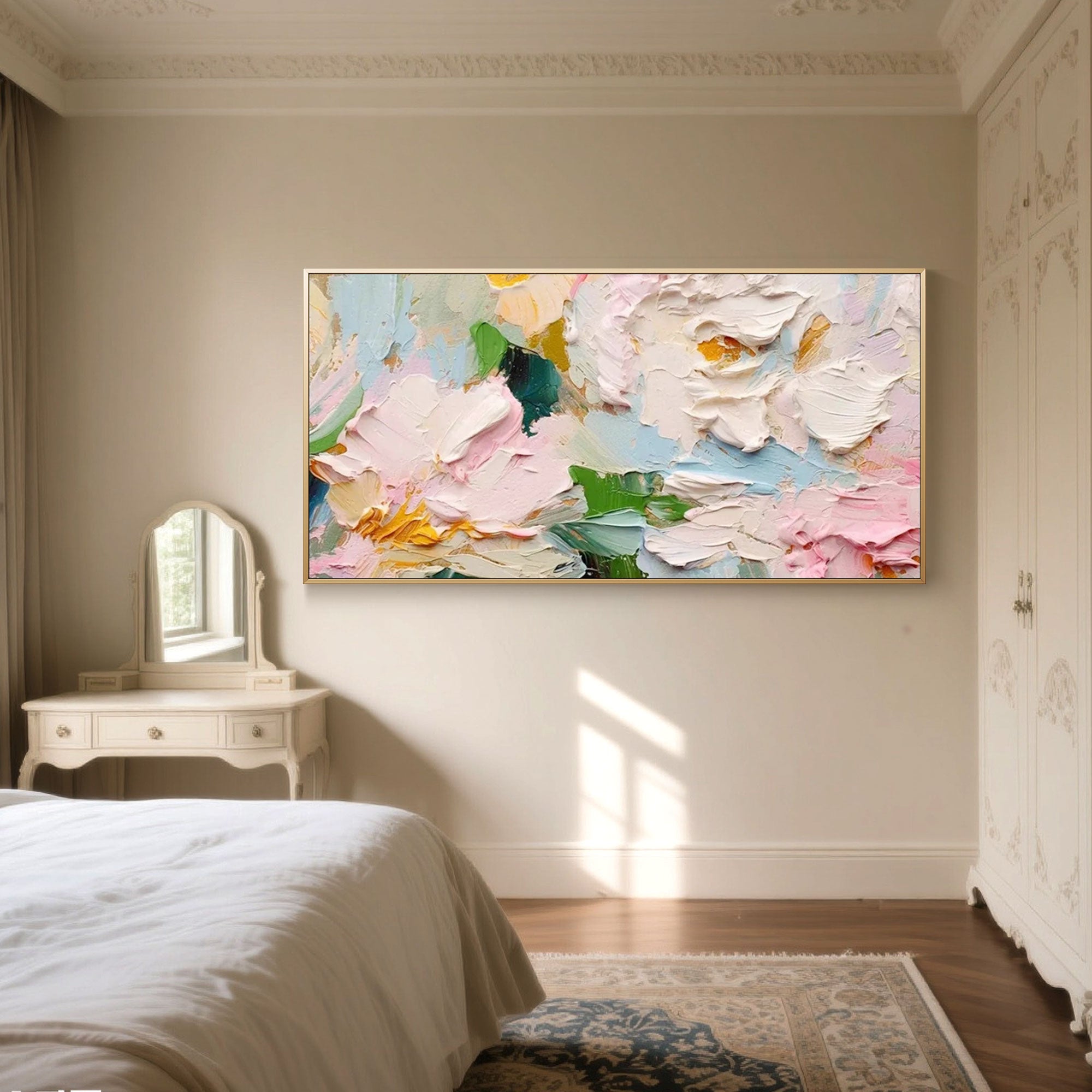 Blossom Tide floral canvas art with gold frame in a classic bedroom decor setting.