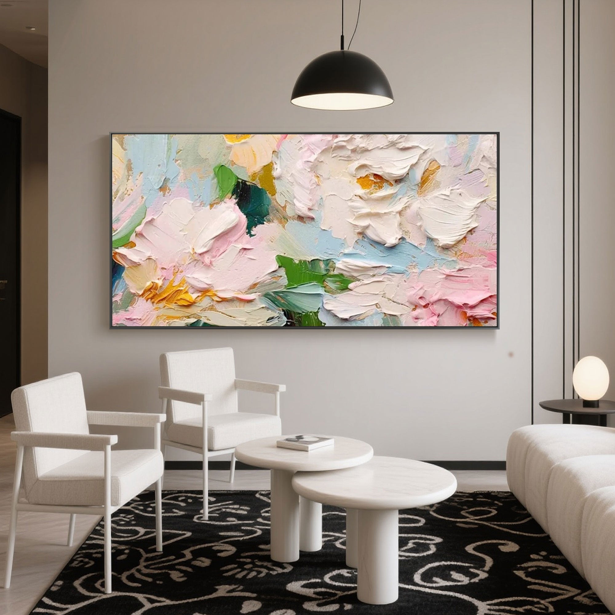 Horizontal canvas art of Blossom Tide in a living space with modern furnishings.