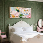 Blossom Tide gallery-wrapped floral canvas art above a contemporary bed.