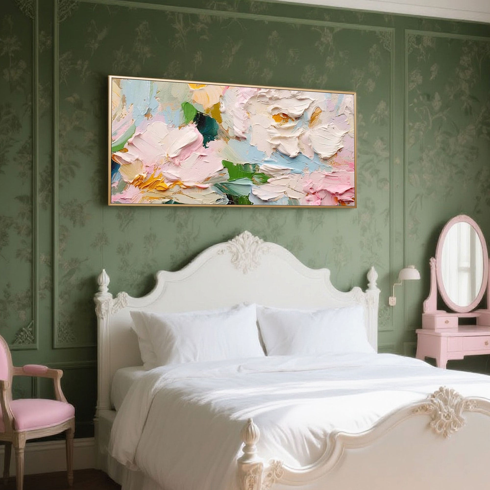 Blossom Tide gallery-wrapped floral canvas art above a contemporary bed.