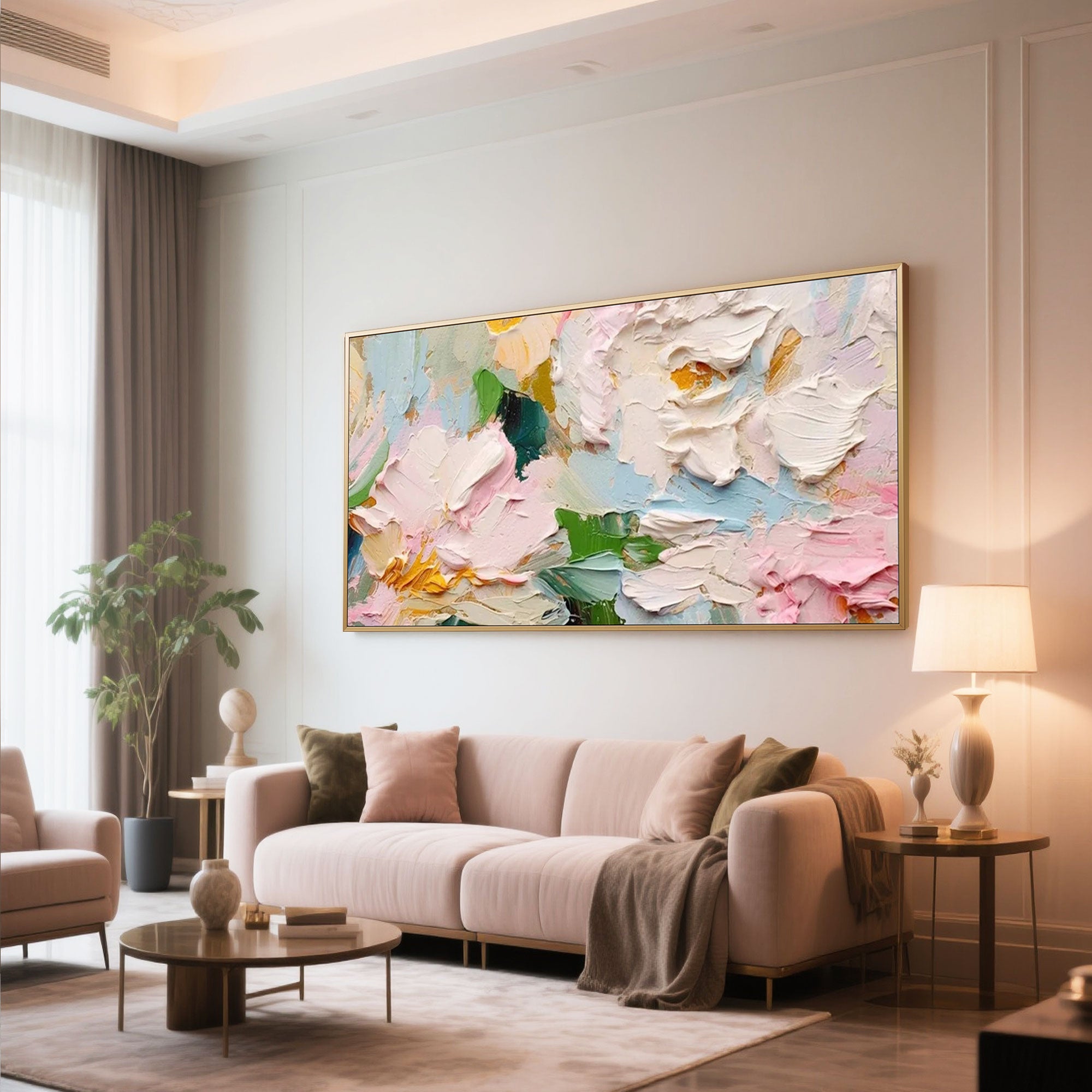 Abstract floral art with heavy texture and pastel hues. Blossom Tide impasto painting.