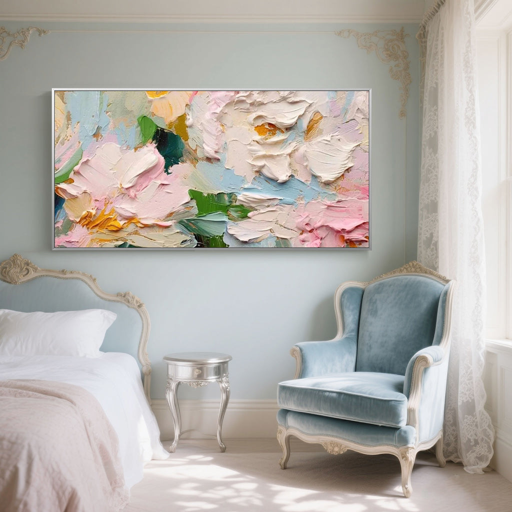 Blossom Tide - Textured floral painting with white, pink, and yellow blooms.