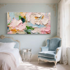 Blossom Tide - Textured floral painting with white, pink, and yellow blooms.