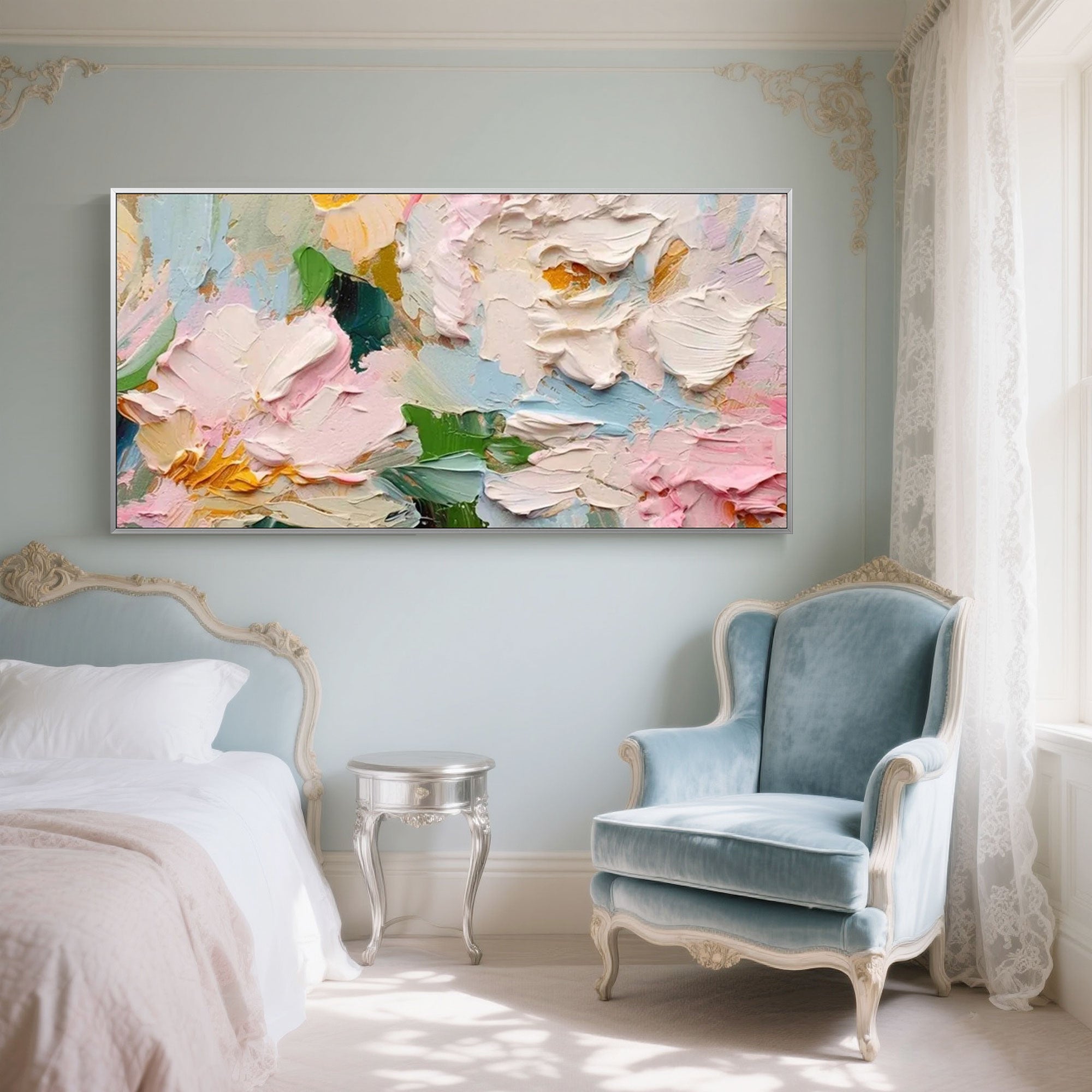 Blossom Tide - Textured floral painting with white, pink, and yellow blooms.