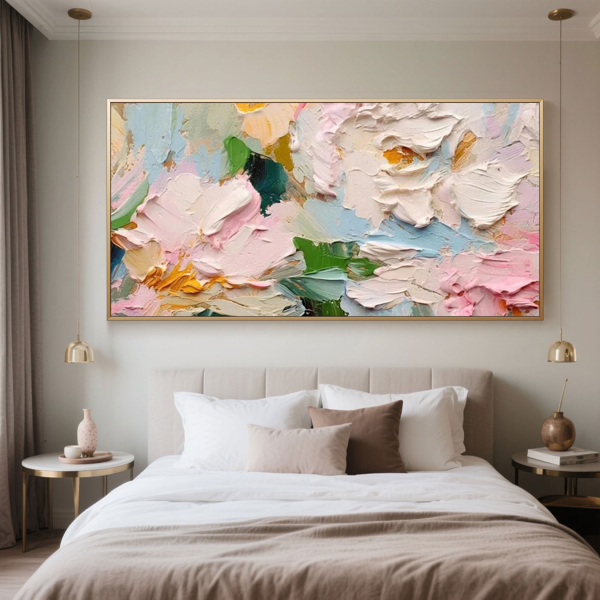 Blossom Tide 3D floral art in a gold frame above a bed, styled in a modern bedroom setting.