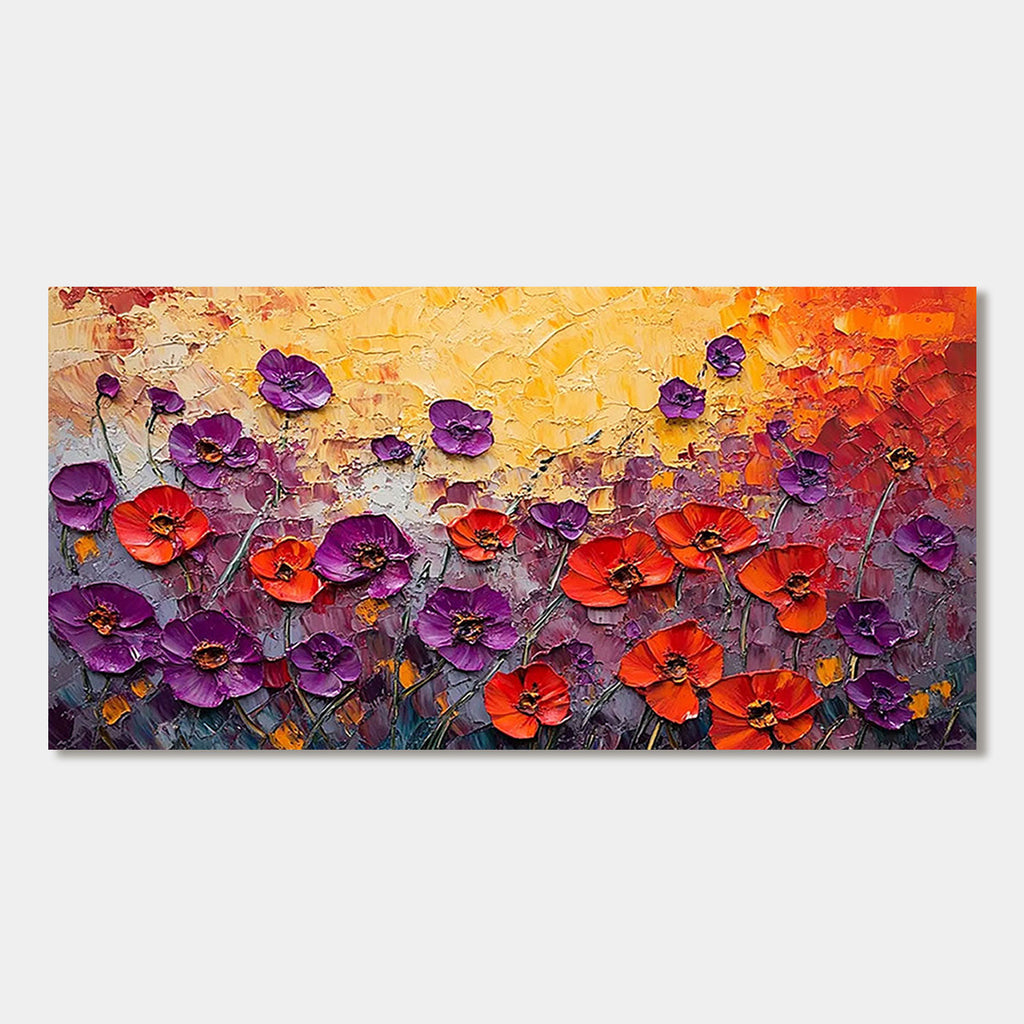 Textured floral art, red and purple wildflowers, palette knife painting.