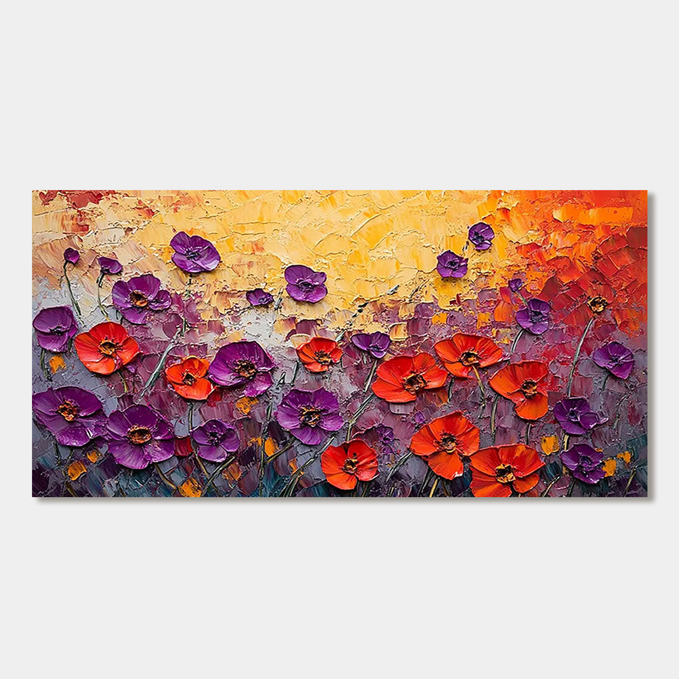 Textured floral art, red and purple wildflowers, palette knife painting.