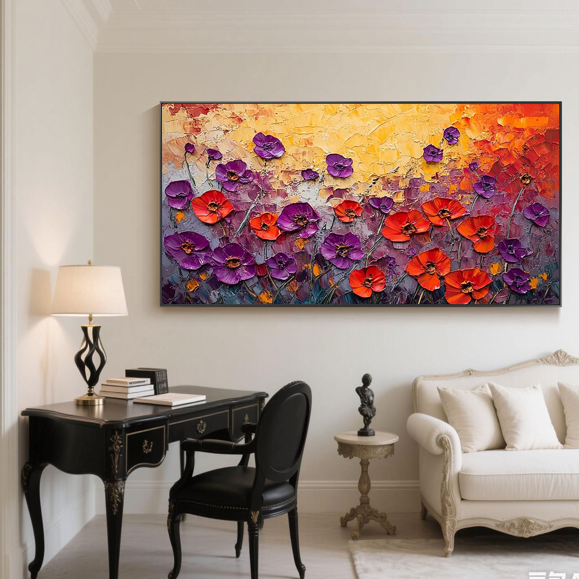 Dawn Bloom floral canvas art in modern office setting.