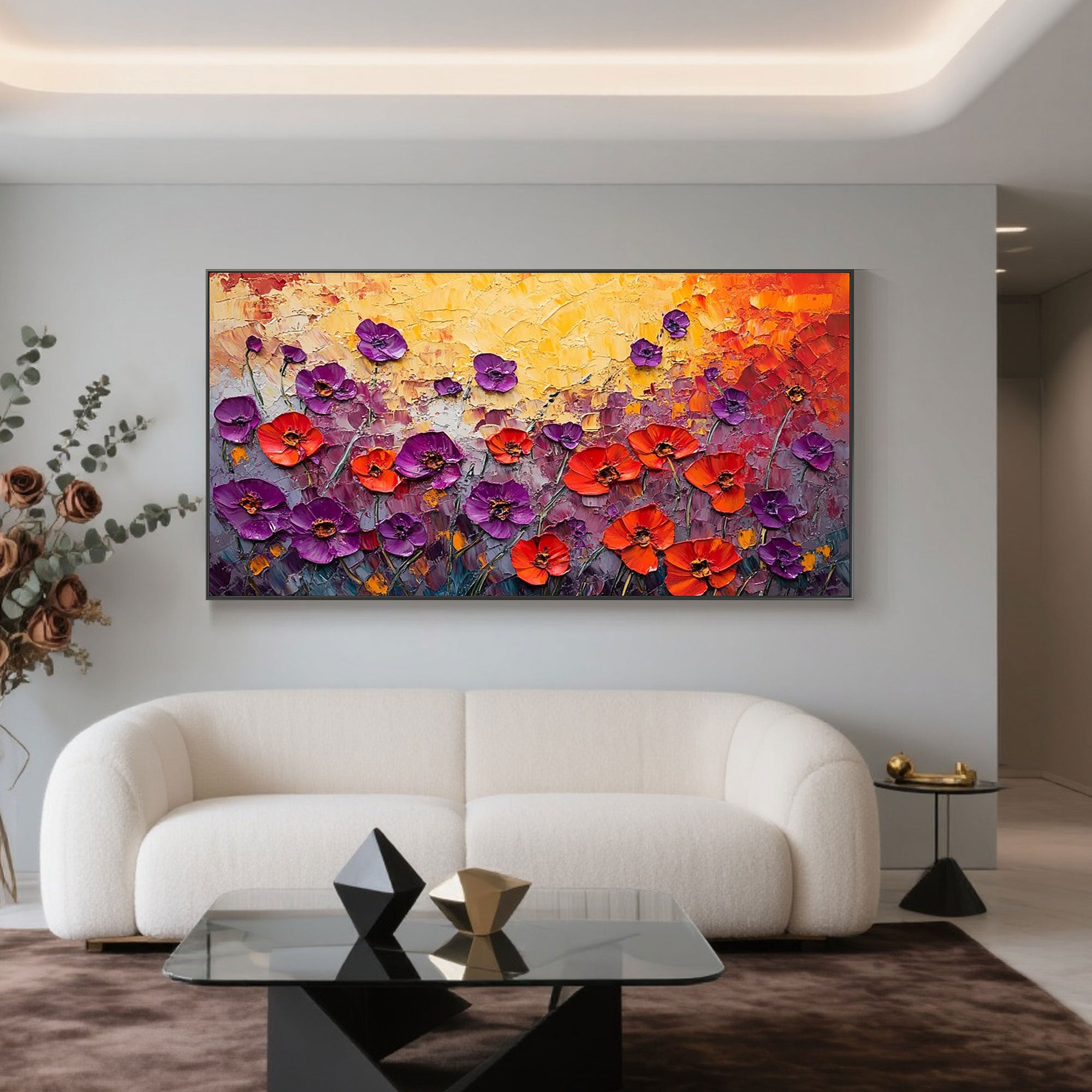 Horizontal canvas with red blossoms and a vibrant, textured background.