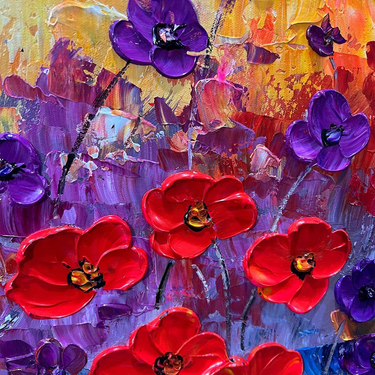 Close-up of 3D floral art: red and purple blossom impasto texture.