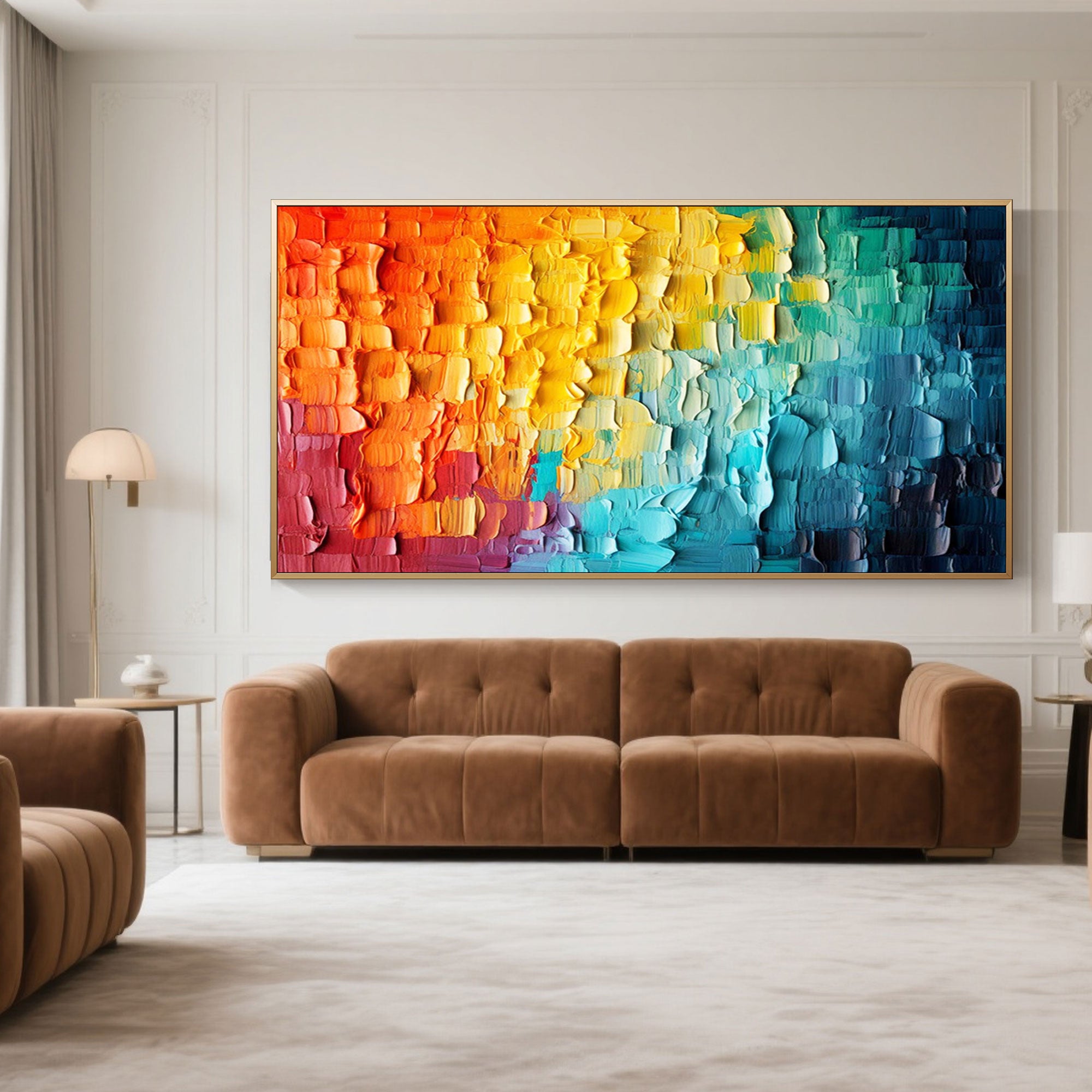 Colorful abstract art, Chromatic Flow, above a brown sofa in a modern living room.