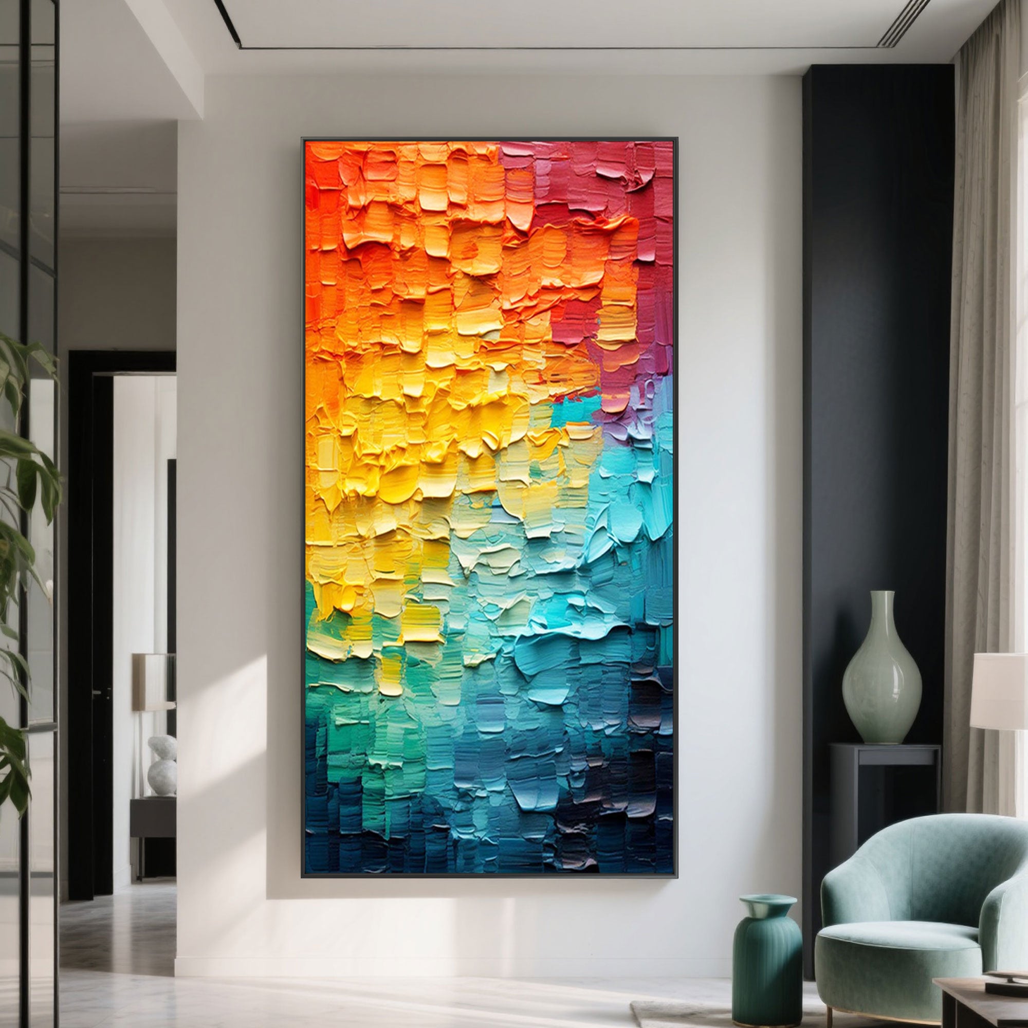 Vertical Chromatic Flow painting with red, yellow, and blue tones in a black frame.