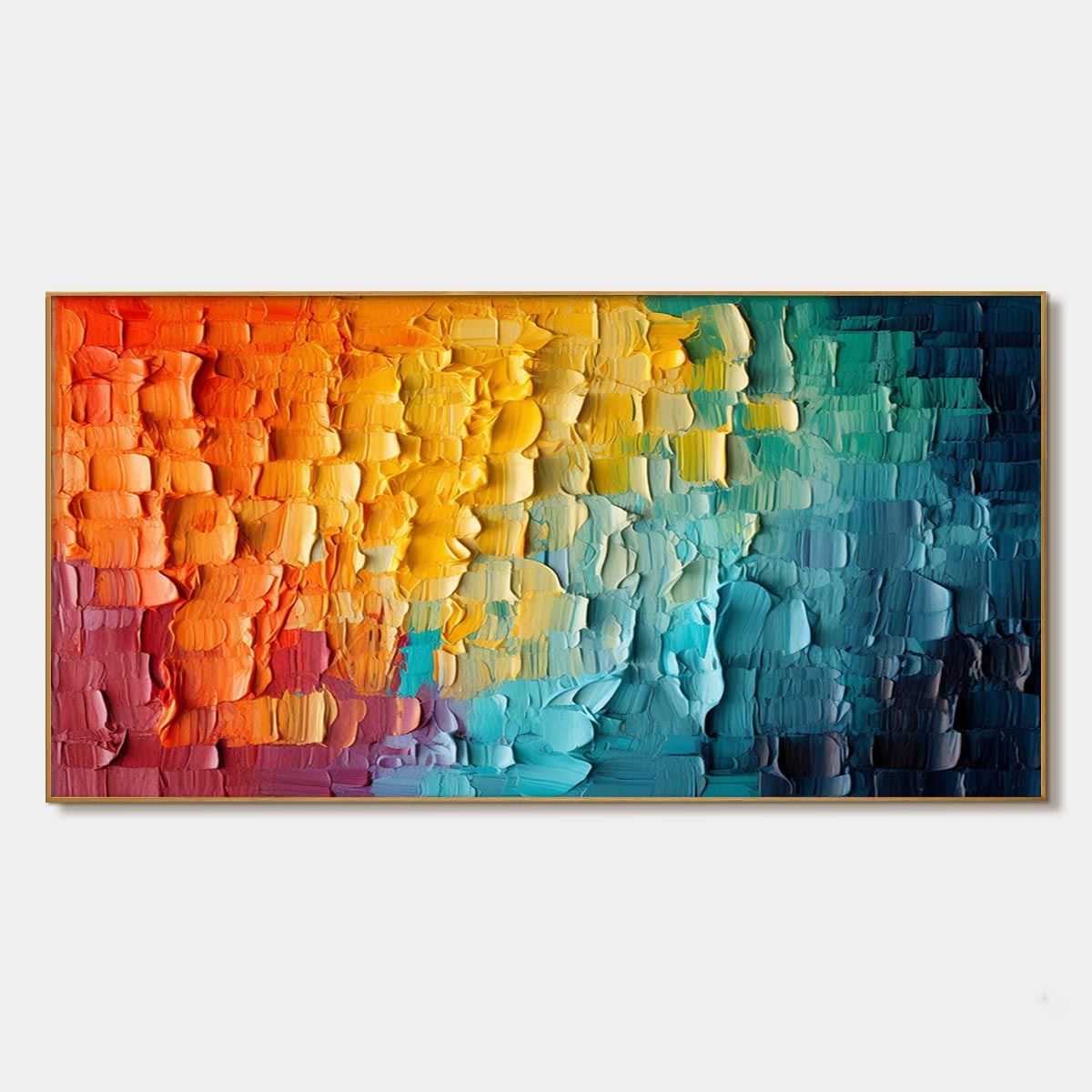 Chromatic Flow abstract 3D textured wall art with red, yellow, blue hues in a gold frame.