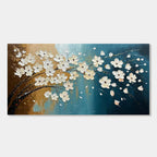 Horizontal canvas art with white floral blooms on teal and gold background.