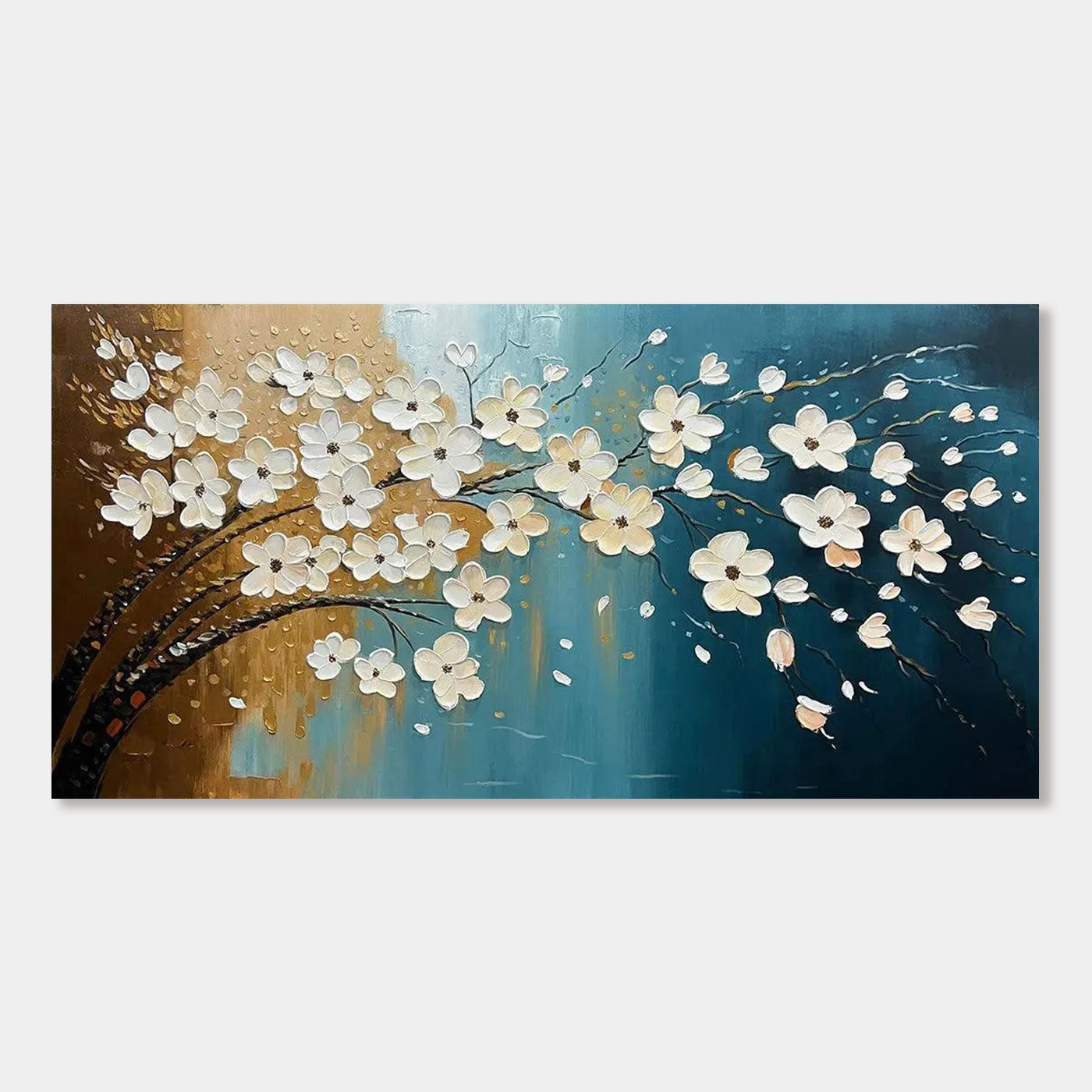 Horizontal canvas art with white floral blooms on teal and gold background.