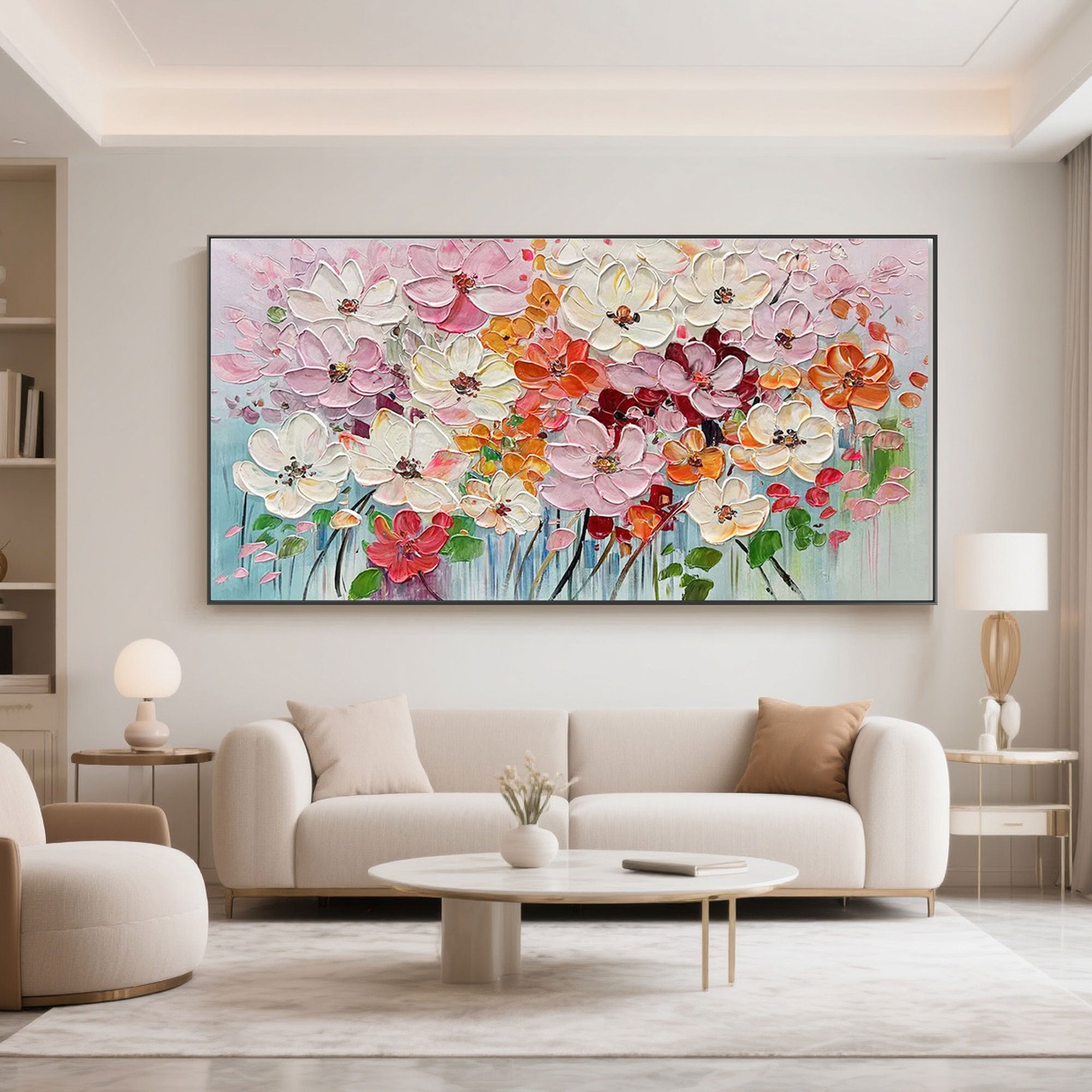 Florence colorful floral canvas art displayed above a modern living room sofa.