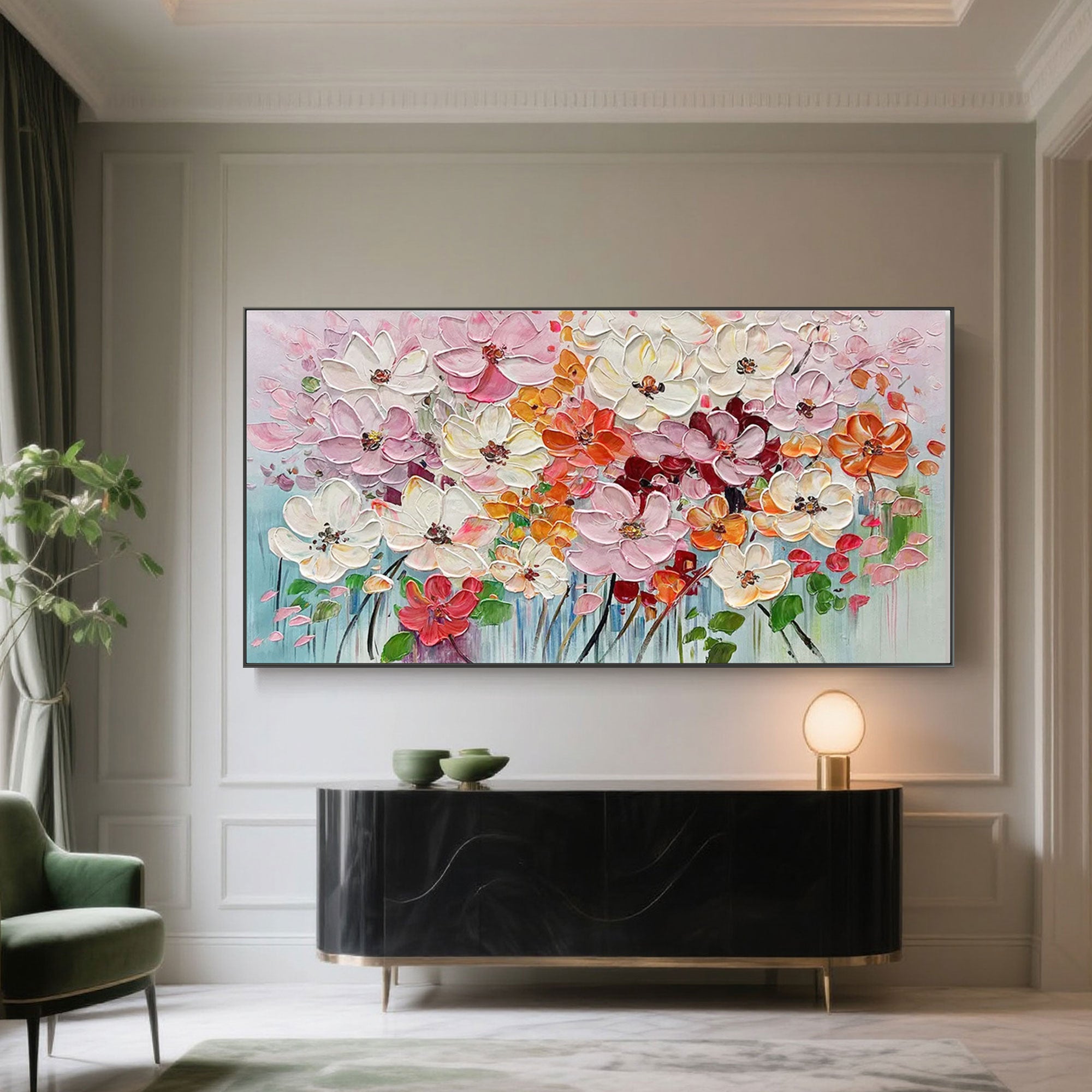 Florence abstract canvas art in a sophisticated living room with dark wood accents.