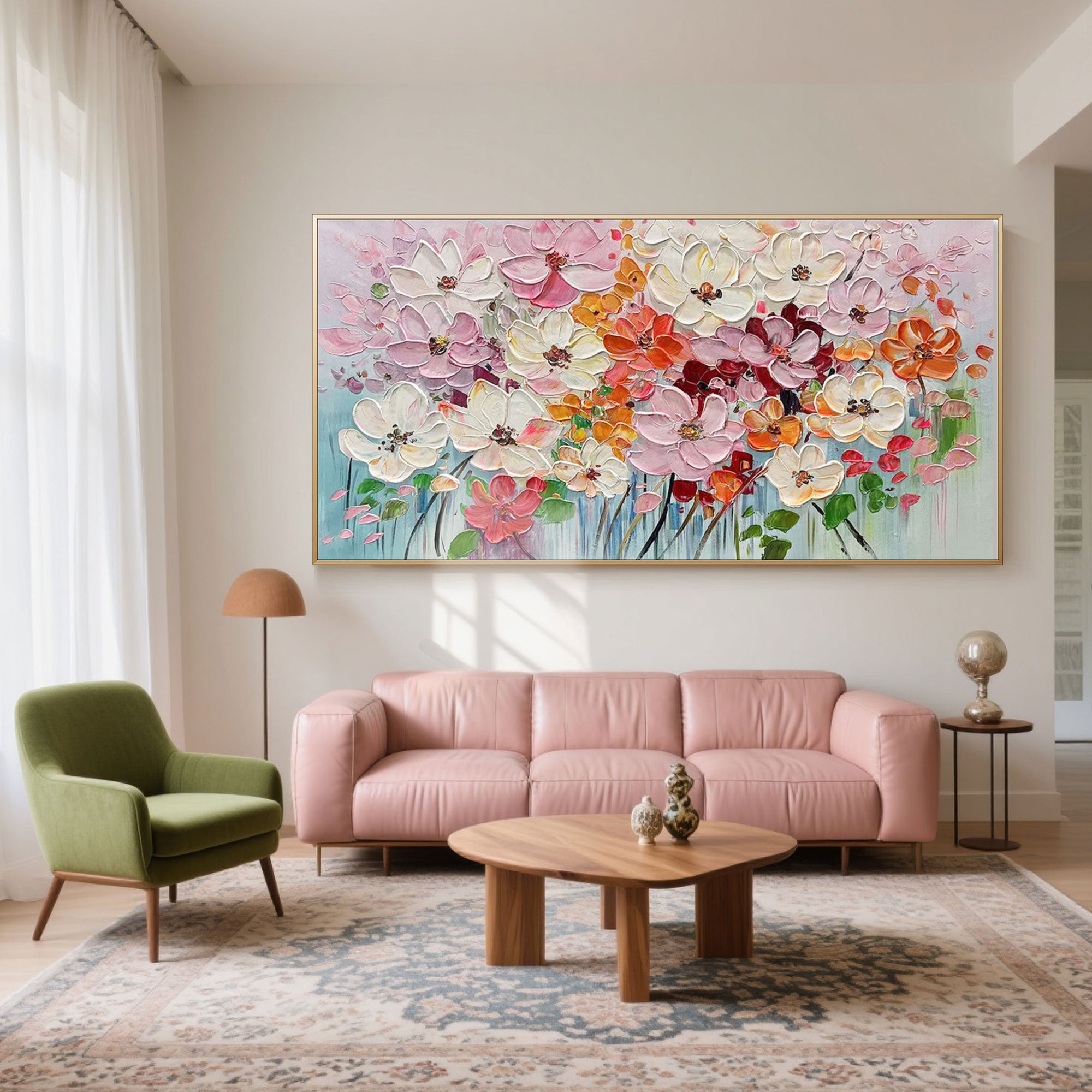 Colorful Florence floral art print complements a pink sofa in a bright living room.