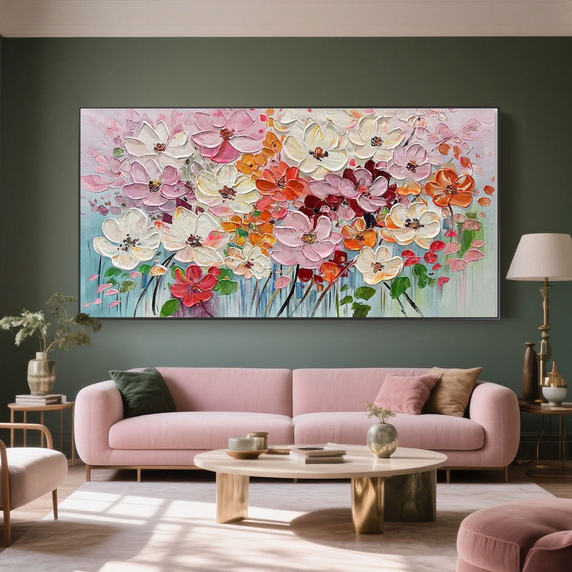 Florence floral wall art close-up showing textured paint strokes and vibrant colors.