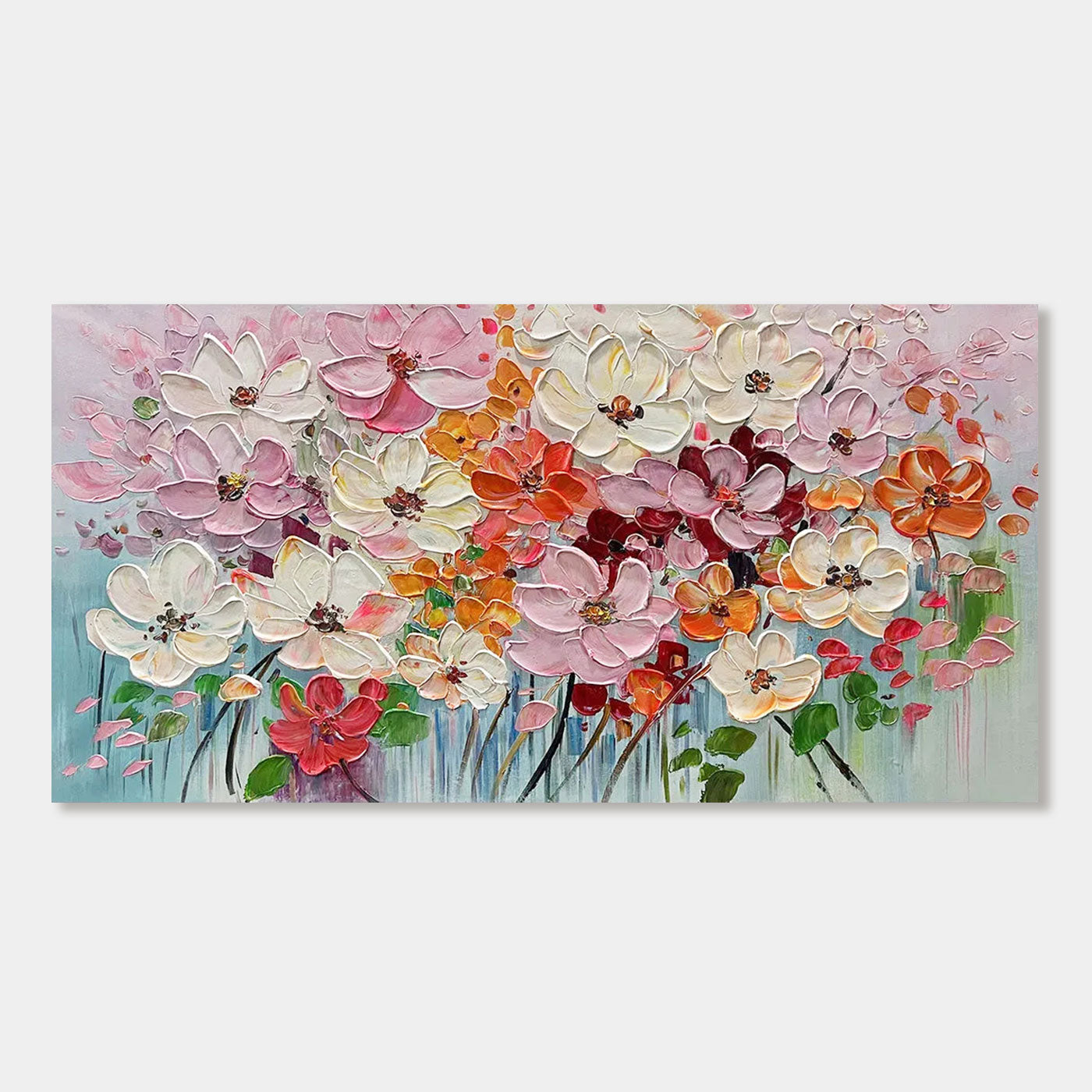 Close-up of Florence abstract floral wall art with pink, white, orange, and red hand-painted flowers.
