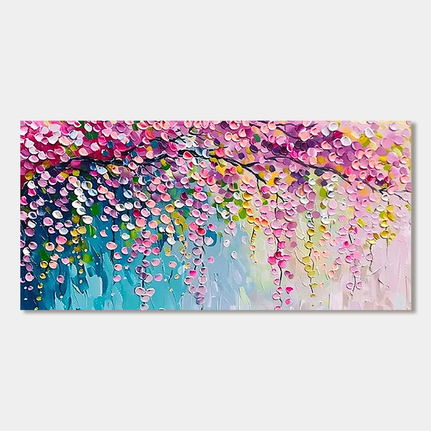 Abstract floral canvas art, 'Petal Veil', featuring cascading pink blossoms.